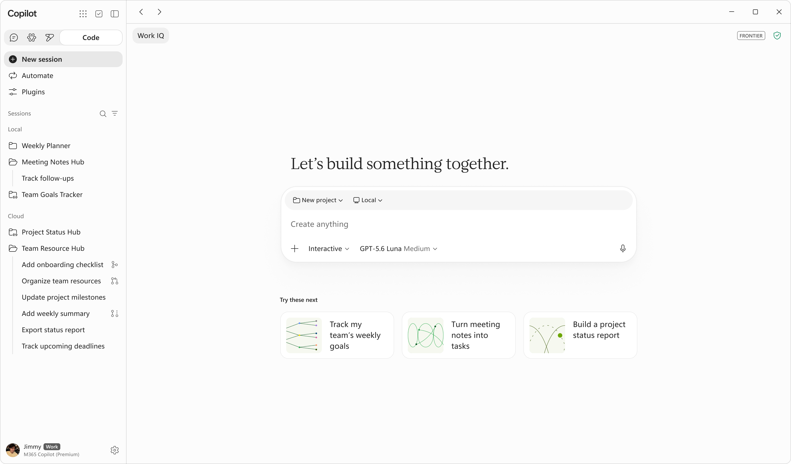 Copilot Code desktop window. Let's build something together, with jimmy in the sidebar